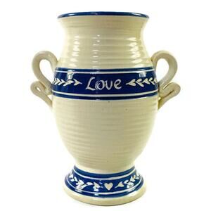 Graystone Pottery Handmade Artisan Vase Love Hearts Handles Beige and Blue 8.5""